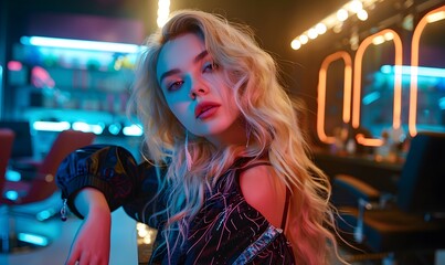 Fototapeta premium Beautiful girl with hair coloring in ultra blond. Stylish hairstyle done in a beauty salon. Fashion, cosmetics and makeup. 