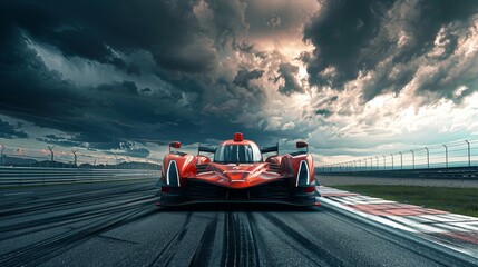 A sleek, futuristic racing car speeds down a minimalist racetrack with dramatic storm clouds in the background. The image symbolizes speed, power, and technological advancement, with a touch of danger