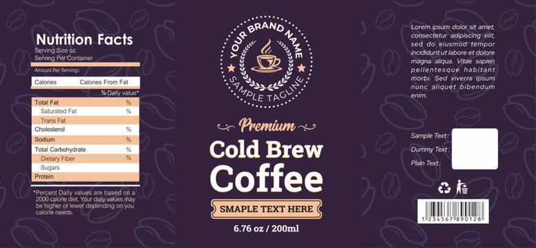 Cold brew Coffee Label Design, Coffee drink bottle label design with layout, Minimalist Cold Brew Coffee label print ready editable template download