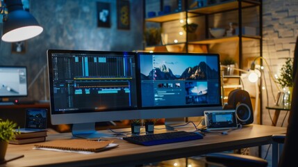 Freelance workspace featuring laptop computer and monitor set up for editor work, content creation, and vlogging equipment review – ideal for technology, digital media, and home office themes