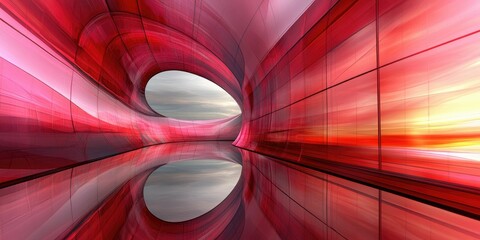 Obraz premium Abstract Architecture: Red Curved Walls with Sky Reflection