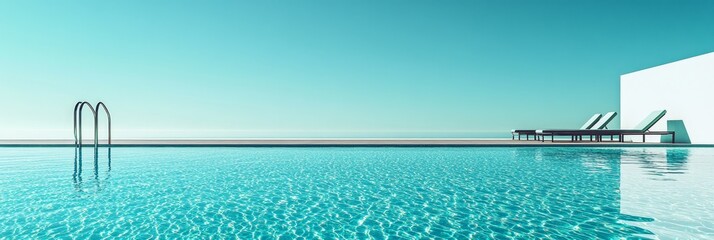 Obraz premium A tranquil scene of a turquoise swimming pool reflecting the clear blue sky. The pool is surrounded by a white wall and features sleek loungers for relaxation. The scene evokes a sense of peace and tr