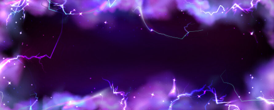 Frame from thunder lightning and purple smoke on dark background. Natural energy border with thunderbolt light or electric energy sparkle. Realistic 3d vector storm flash power or magic wizard bg.