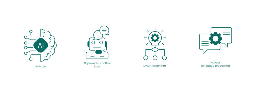 AI Technology Vector Icons Set: Brain, Powered Chatbot, Smart Algorithm, Natural Language Processing