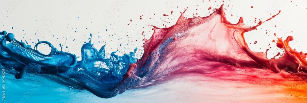 Poster a vibrant and dynamic image featuring a blue paint wave colliding with a burst of red, orange, and p