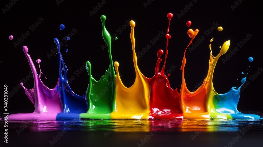 Poster a vibrant and dynamic image showcasing a rainbow of paint colors splashing onto a black background. 