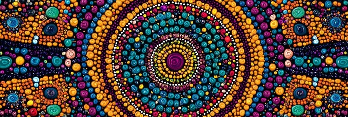 A vibrant and intricate mandala pattern created with colorful beads, symbolizing unity, harmony, spirituality, and the interconnectedness of all things. The repeating pattern evokes a sense of peace a
