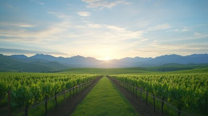 Fototapeta premium A beautiful, sunlit vineyard with a long row of vines