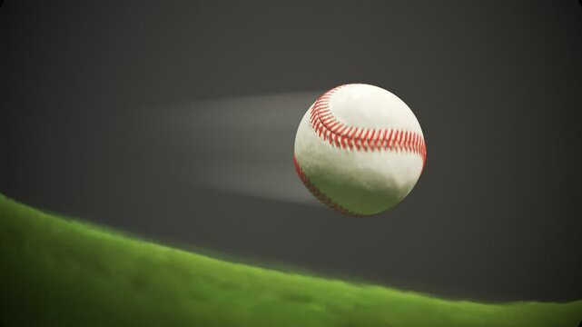 Baseball Flying Fast Through The Air In Slow Motion Above The Stadium Grass