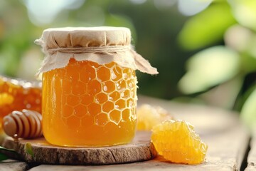 A Jar of Honey with Honeycomb on a Wooden Slice