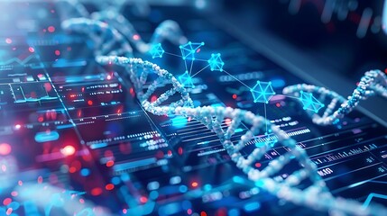 3D DNA double helix, digitally rendered,  resting on a high-tech digital interface, highlighting the importance of genetics and modern scientific research.