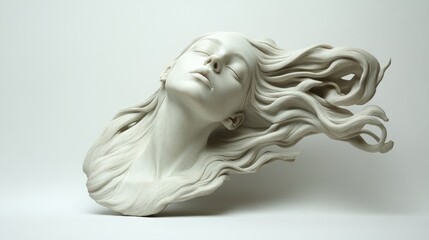 A white marble sculpture of a woman's head and flowing hair, conveying a sense of peace, tranquility, and ethereal beauty. The closed eyes and relaxed facial expression suggest a state of calmness and