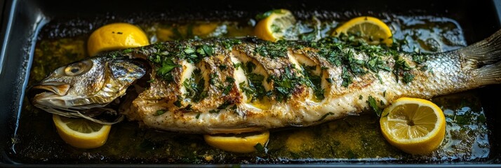 A whole sea bass baked to perfection, seasoned with lemon and parsley,  garnished with lemon slices, a perfect blend of fresh flavors.