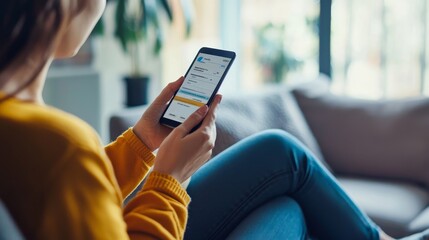 A woman is sitting on a couch, comfortably checking her insurance coverage on her smartphone. This image symbolizes convenience, accessibility, and the importance of staying informed about your insura