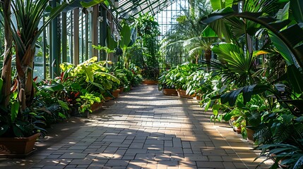 Obraz premium Scenic pathway within a greenhouse showcases a variety of lush tropical plants, bathed in sunlight.
