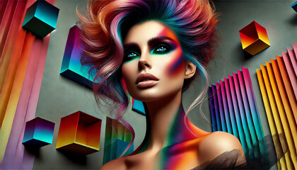 Fototapeta premium A striking, high-fashion portrait of a woman with vibrant hair styled in an avant-garde, voluminous fashion