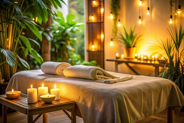 A woman is getting a massage while candles are lit in the background