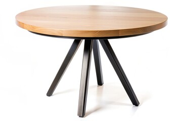 A wooden table with black legs and a round top