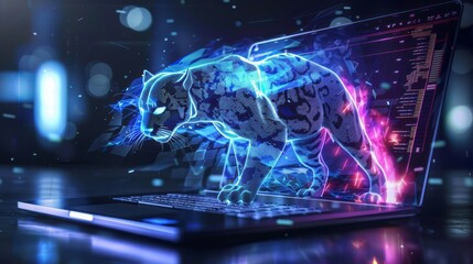 High-tech gaming laptop with 3d render of a powerful panther attacking on a virtual reality screen display - futuristic and immersive gaming experience concept