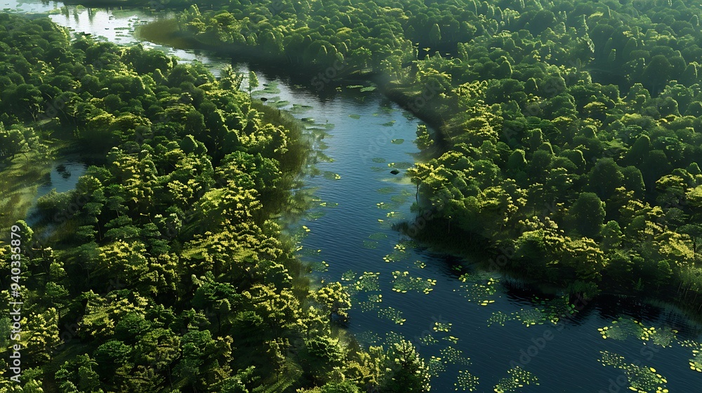 Poster aerial view of a lush green forest with a winding river meandering through the dense trees. sunlight
