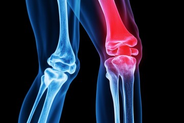 An X-ray illustration of a human knee joint with osteomyelitis. The image depicts the inflammation and infection in the bone, highlighting the painful area. The illustration is ideal for medical educa