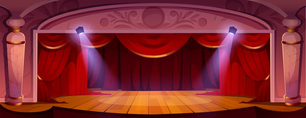 Empty theater stage with red curtains. Vector cartoon illustration of concert scene with wooden floor and luxury velvet drapery, white marble pillars decoration, hall for art shows and performances © klyaksun
