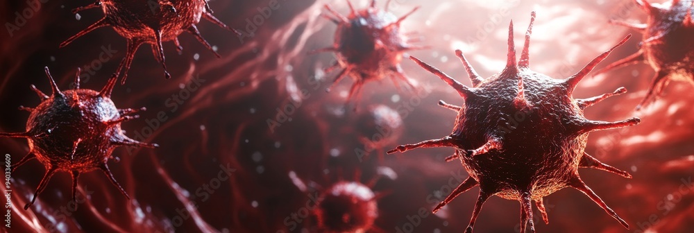 Poster this 3d rendering depicts a microscopic view of virus or bacteria cells. the image highlights the in
