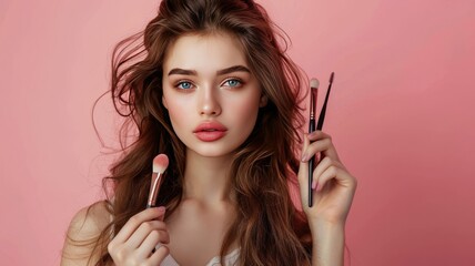 Obraz premium portrait of a woman with makeup brushes