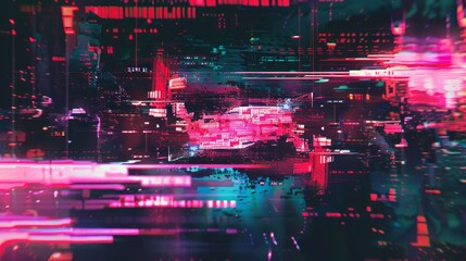 Digital glitch frame with pixelated screen display error, abstract distorted background with vibrant rgb noise and static interference, perfect for tech themes, cyberpunk concepts, and futuristic visu