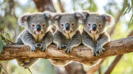 Fototapeta premium Three baby koalas, with soft fur and curious eyes, are perched on a tree branch, showcasing the beauty and charm of Australian wildlife. This image captures the innocence and playful nature of these i