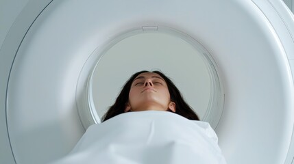 Fototapeta premium Young woman undergoing MRI scan in hospital, close-up view from the machine tunnel