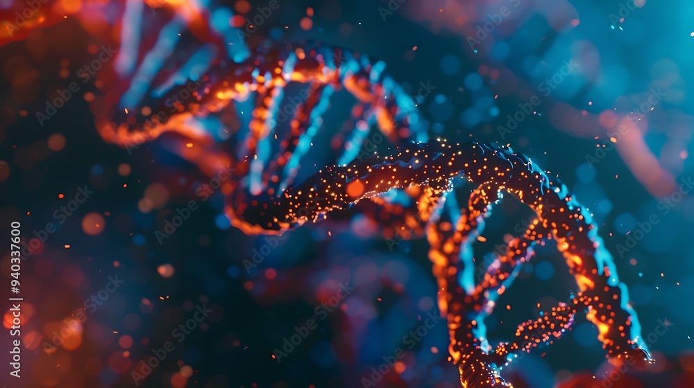 Poster abstract digital rendering of a dna double helix, with glowing lights and particles. this image repr