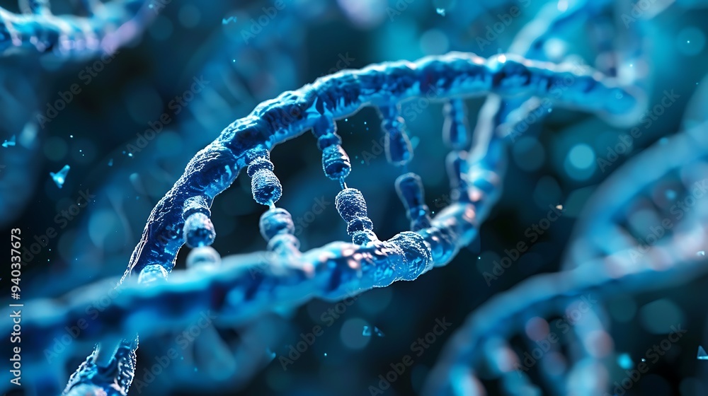 Poster close-up of a blue dna helix molecule. the image is taken with a macro lens and shows the intricate 