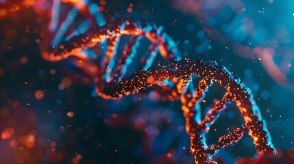Abstract digital rendering of a DNA double helix, with glowing lights and particles. This image represents the complex and fascinating world of genetics and the building blocks of life.