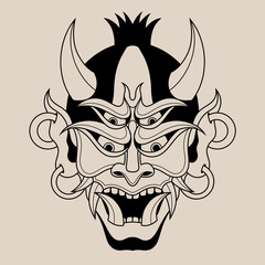 Hand drawn traditional tattoo of a Japanese oni mask outline 29