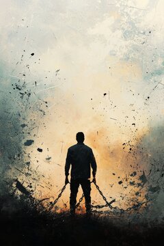  A figure standing tall with broken chains at their feet, looking towards a horizon filled with light The atmosphere
