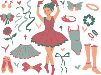 cute vector, flat illustration style of pink green ballet ballerina, seamless pattern for wallpaper design