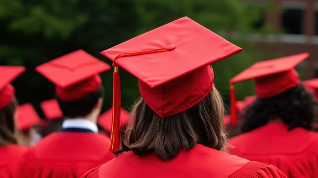 Graduation Ceremony with Graduates in Red Caps and Gowns in Natural Setting