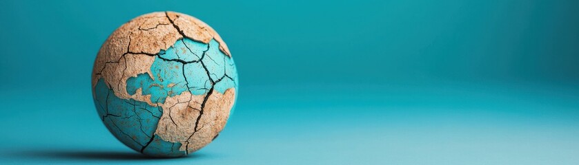 A cracked globe on a blue background, symbolizing environmental issues and the fragility of our planet.