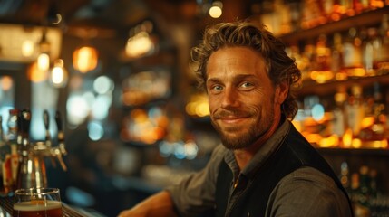 Fototapeta premium Drink Master: Standing behind the counter, the bartender swiftly shakes a cocktail, his smooth, practiced movements and confident smile showcasing his skill. 