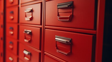 Fototapeta premium Close-up of vibrant red file drawers showcasing sleek handles, perfect for organizing documents with style and efficiency.