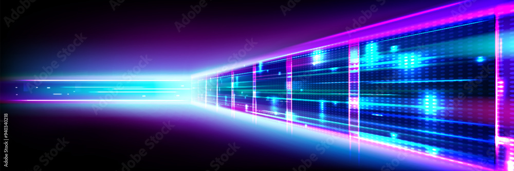 Poster data center room tunnel with neon blue and pink light glow. realistic 3d vector illustration of abst