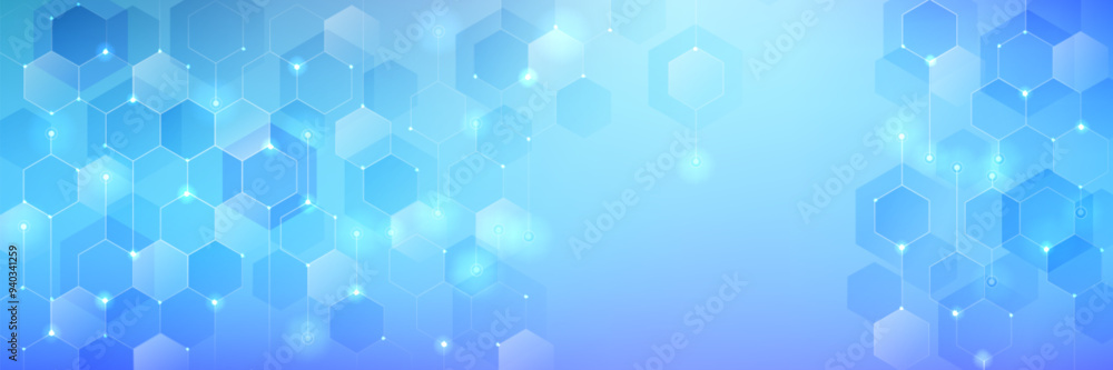 Poster blue pastel medical and tech background with hexagon pattern and bright sparkles. realistic vector a