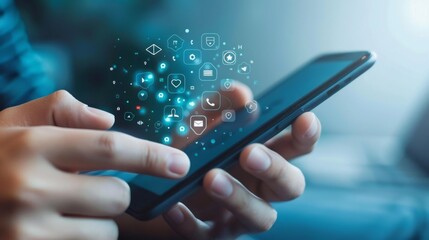 Hand holding smartphone displaying digital media icons and symbols for social networks, online communication, and mobile technology concepts, ideal for modern technology, social media engagement, and 