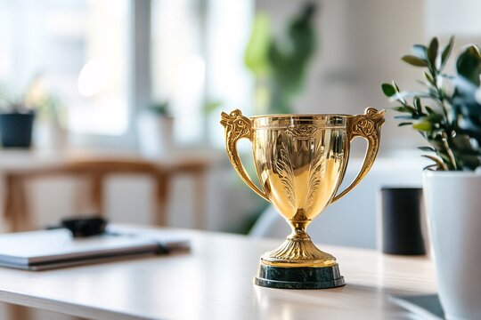 A golden trophy placed elegantly on a table, symbolizing achievement and success in an inspiring workspace.