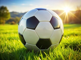 Fototapeta premium A vibrant, brightly lit, white soccer ball with black pentagons and bold, curved lines rests on a lush, vibrant green grassy field.