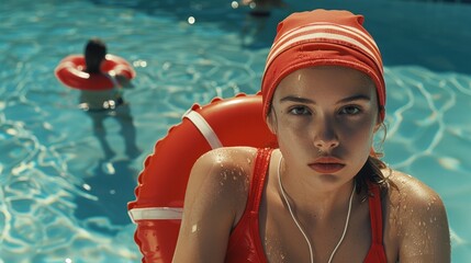 Watchful Lifeguard: Standing by the pool, the lifeguard keeps a keen eye on swimmers, with a whistle around her neck and a flotation device at the ready, vigilant and focused.