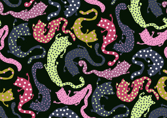 Halfdrop repeat seamless pattern with playful colorful cats silhouette shapes. black, white, pink, green, blue colors, isolated background