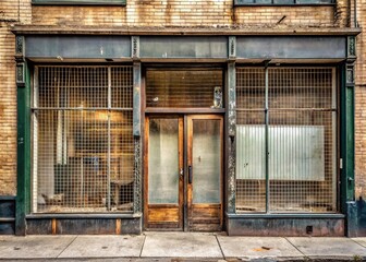 Obraz premium A vacant storefront with dusty windows, faded signage, and a padlocked door, conveying a sense of abandonment and commercial decline in a once-thriving shopping district.