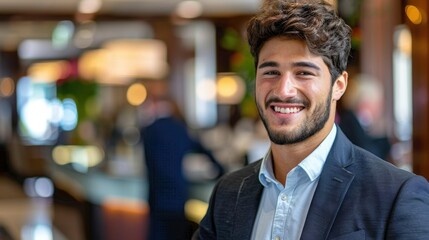 Obraz premium Attentive Concierge: Behind the desk, the hotel concierge helps a guest with directions and recommendations, his manner polite and focused on excellent service. 